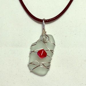 HAND CRAFTED Genuine Sea Glass Wire Wrapped Necklace with Red Bead